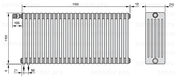 Схема (чертеж) Радиатор Zehnder Charleston 6110/25 №V001 Белый глянцевый RAL 9016